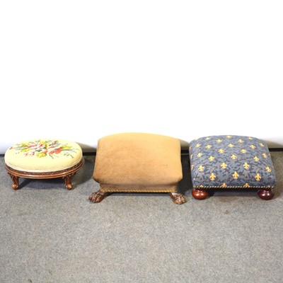 Lot 568 - Victorian footstool with paw feet, another Victorian footstool and a modern footstool