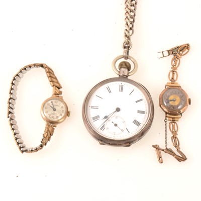 Lot 226 - Two 9 carat gold wrist watches, silver pocket watch and chains.