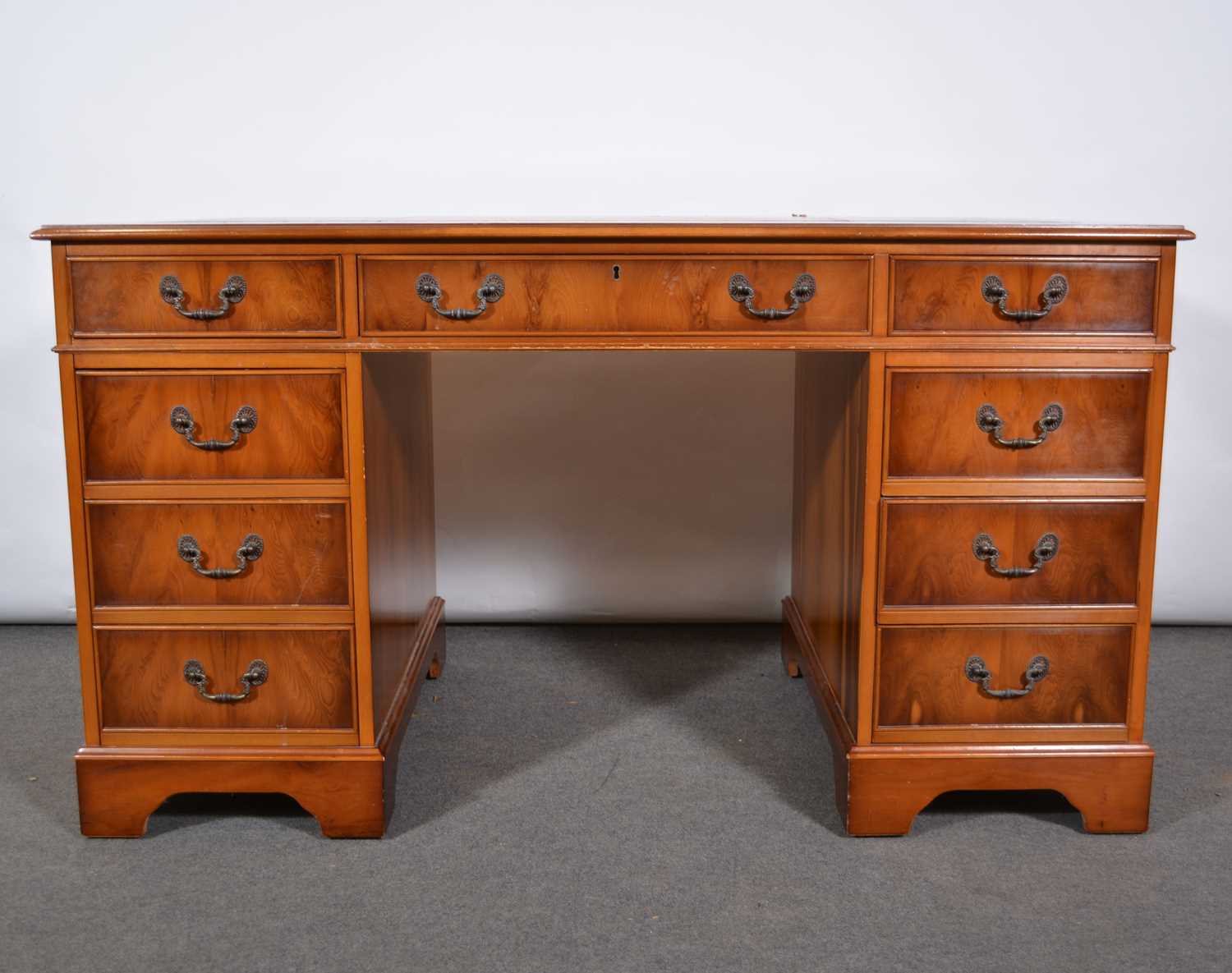 Lot 449 Modern yew twin pedestal desk,