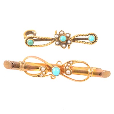 Lot 209 - Early 20th century turquoise and pearl bar brooch.