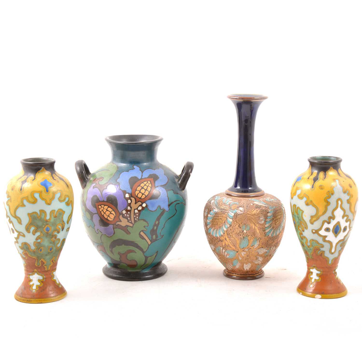 Lot 33 - Doulton Lambeth Slaters stoneware vase, and three other pottery vases.