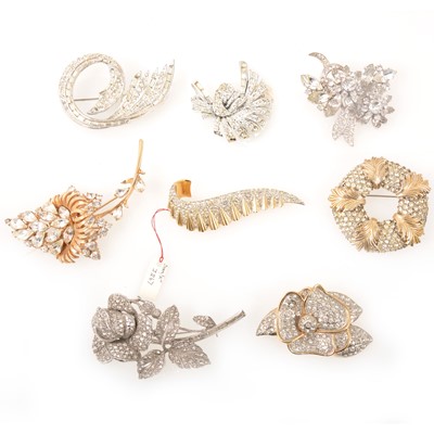 Lot 244 - Eight vintage paste set cocktail broches, Boucher, Sodini, Pell, Exquisite.