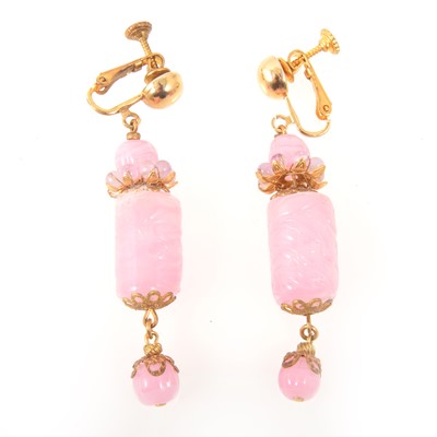 Lot 276 - Miriam Haskell - a pair of sugar pink glass drop earrings.