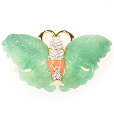 Lot 274 - Kenneth Jay Lane - KJL costume jewellery simulated jade butterfly brooch.