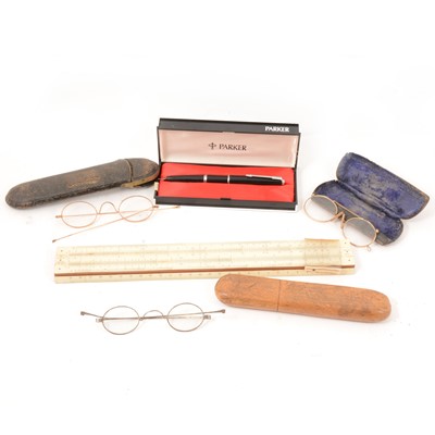 Lot 206 - Antique spectacles, Parker pen, slide rule and a wooden box.