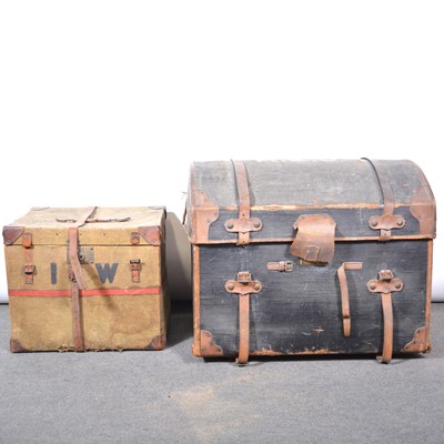 Lot 564 - Square canvas bound travelling trunk; a large canvas-bound dome-top trunk, initialled KEJ.