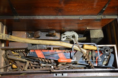 Lot 48 - Pine carpenter's tool chest, well-fitted with numerous trays, and contents.