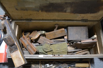 Lot 79 - Small stained pine carpenter's tool chest and contents, including brace, moulding planes, etc.