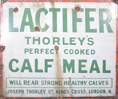 Lot 129 - Enamelled sign, Thorley's Perfect Cooked Lactifier Calf Meal.