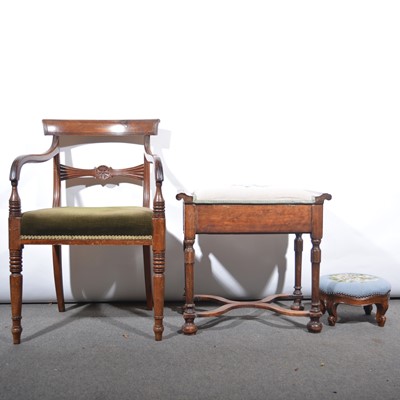 Lot 469 - A mahogany Regency style open armchair, a piano stool, and a footstool.