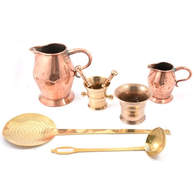 Lot 126 - Two mortars and pestle, and two copper jugs, etc.