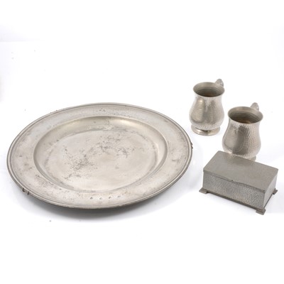 Lot 118 - Antique pewter platter, prize tankards and box.