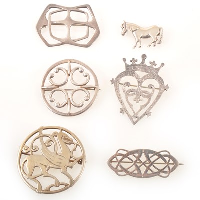 Lot 221 - Six Scottish hallmarked silver brooches, Ola May Gorie, Shetland Silvercraft, Stuart John Wilson.