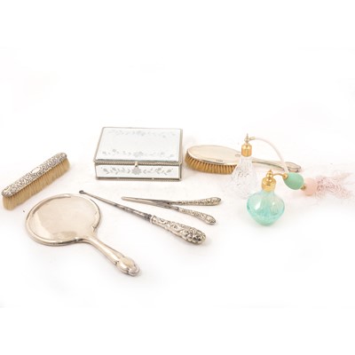 Lot 189 - Silver dressing table items, mirrored jewel box, Stuart Crystal perfume atomiser.