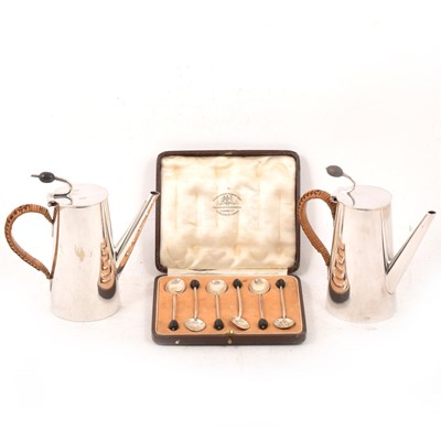 Lot 153 - Pair of silver-plated coffee pots by Hulkin & Heath, six silver coffee spoons.
