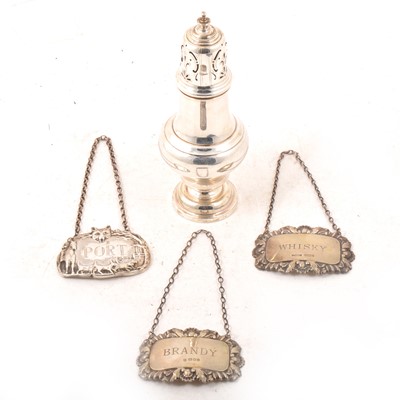 Lot 155 - Modern silver sugar caster by S Blanckensee & Son Ltd, Chester 1927, and three decanter labels.