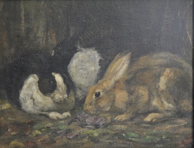 Lot 315 - Style of Herring - Three rabbits in a hutch.