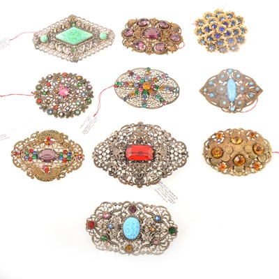 Lot 284 - Ten large filigree paste set costume jewellery brooches, 1930's Czechoslovakian