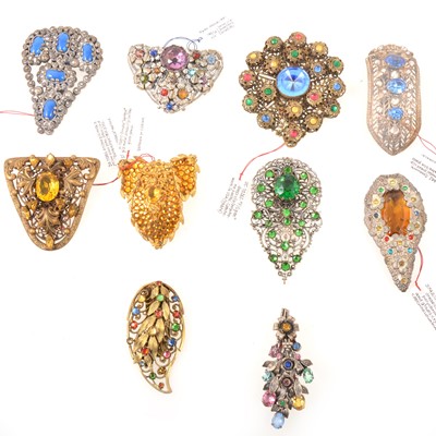 Lot 283 - Ten filigree paste set costume jewellery dress clips, 1930's Czechoslovakian