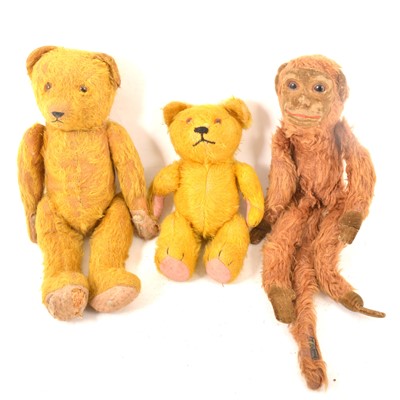 Lot 343 - Two straw filled teddy bears and a Nora Wellings monkey.