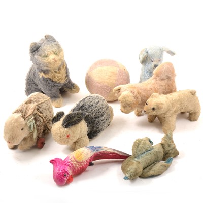 Lot 340 - Eight 1930s plush soft animal toys and a plastic parrot.