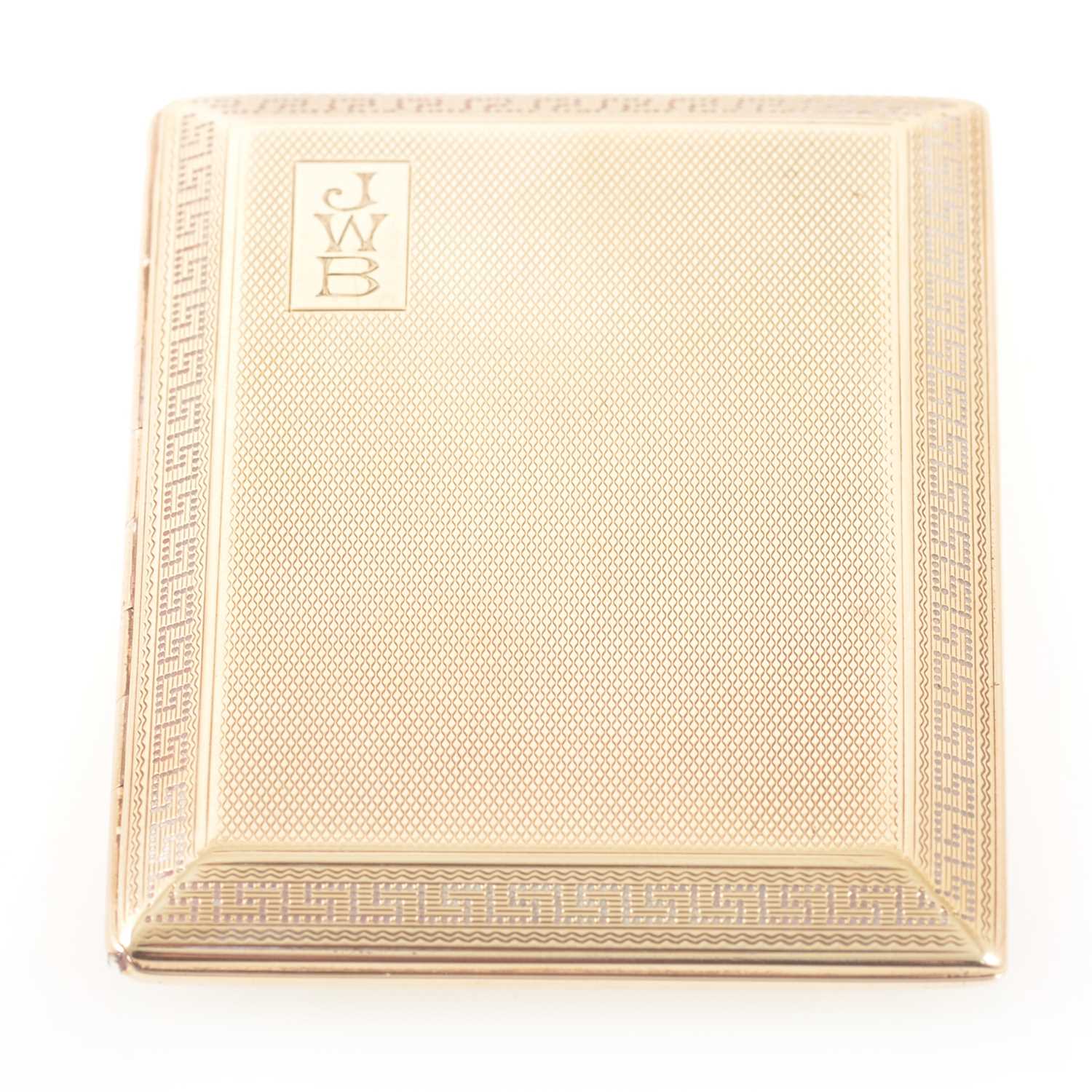 Lot 202 - 9 carat gold engine turned cigarette case by Stephen J Rose, London 1927, 80gms.