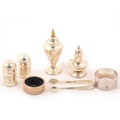 Lot 175 - Silver condiments, napkin ring, bottle drip collar, sugar tongs.