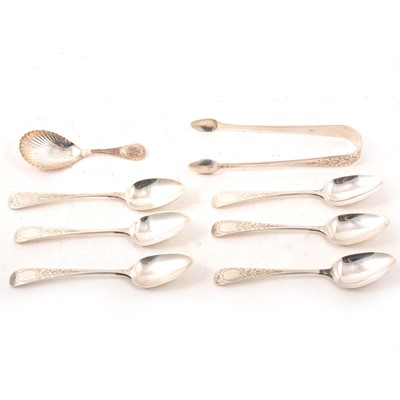 Lot 161 - Six similar Georgian silver bright cut teaspoons, sugar tongs and a caddy spoon.