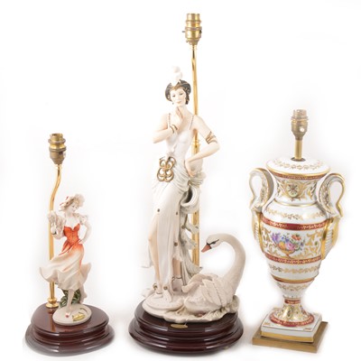 Lot 80 - Two Giuseppe Armani Florence figural table lamps, and a Continental porcelain twin-handled lamp base