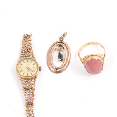 Lot 290A - 9 carat dress ring, Tissot watch with broken bracelet, pendant.
