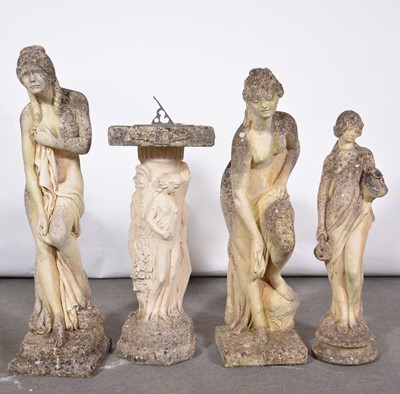 Lot 597 - Reconstituted stone garden statue, two others and a sundial