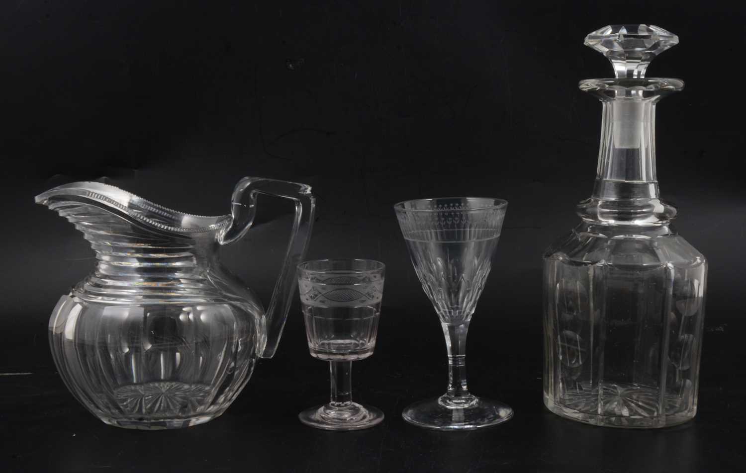 Lot 23 - Victorian glass decanter, Regency jug and two wine glasses.
