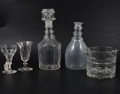 Lot 25 - A pair of Regency style mallet-shape decanters, plus other decanters and wine glasses.
