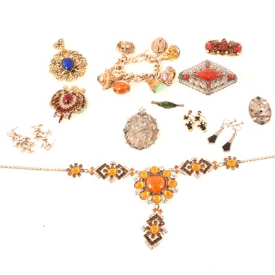 Lot 281 - Vintage costume jewellery in the antique style, brooches, bracelet with seals, earrings.