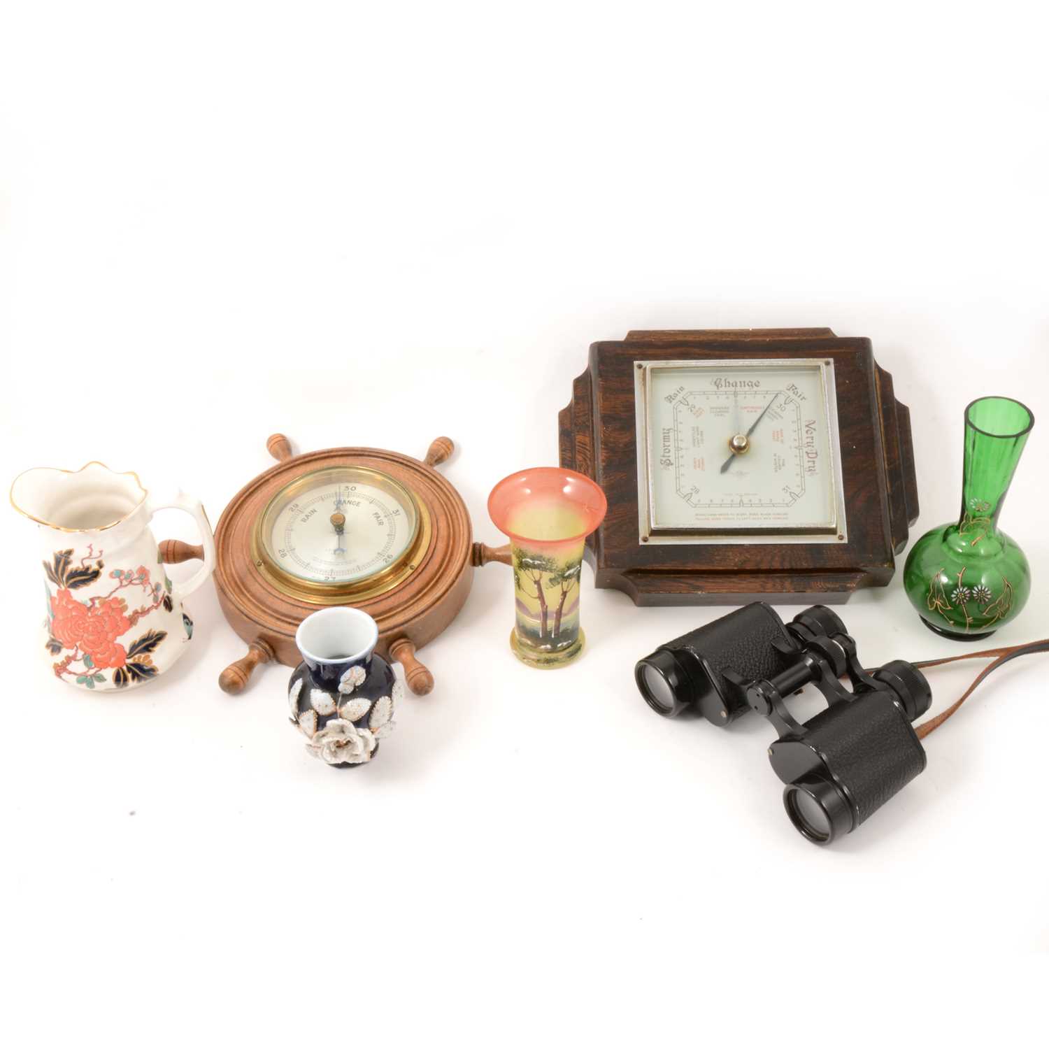 Lot 62 - Two aneroid barometers, pair of binoculars and assorted ceramics.