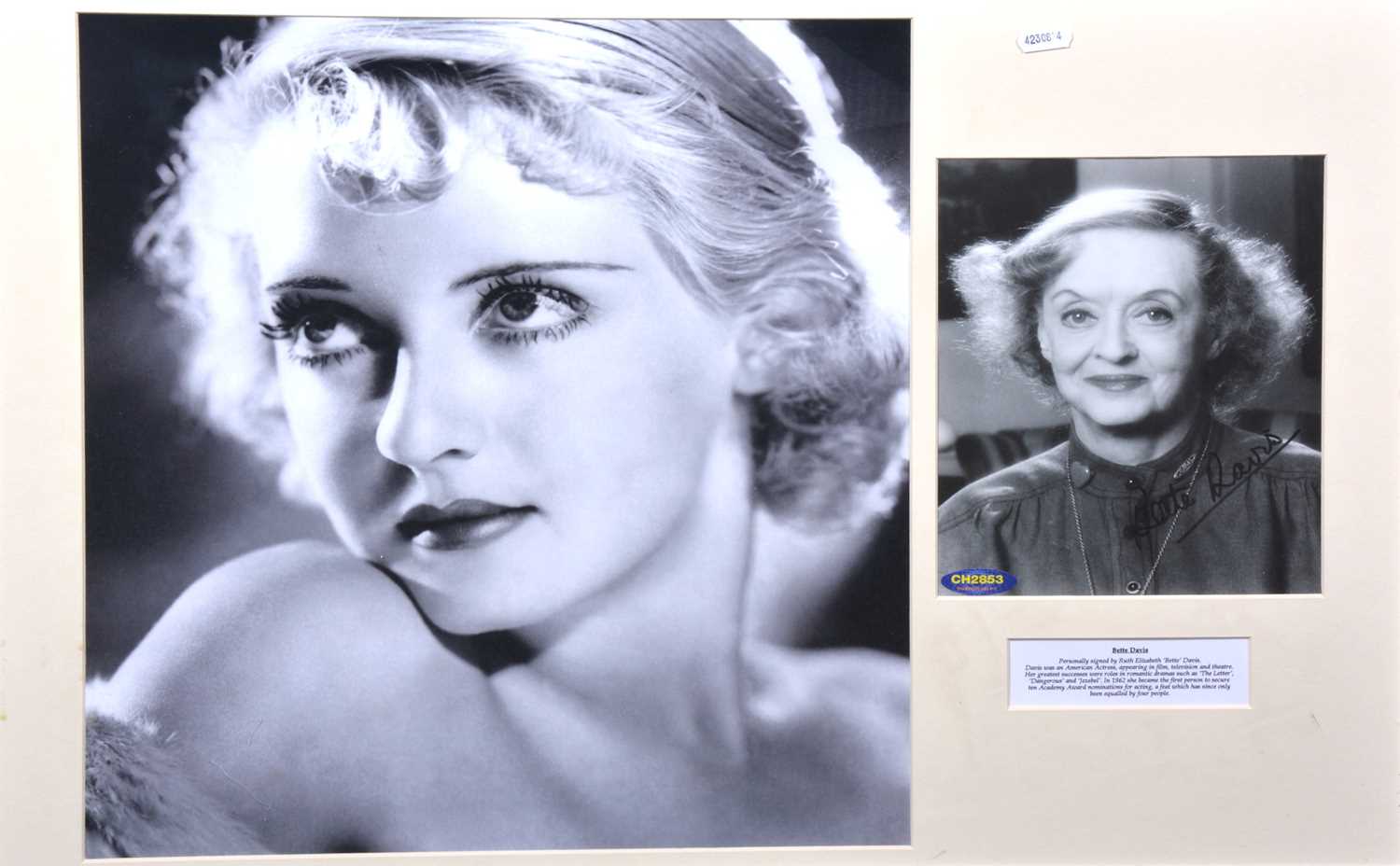 Lot 7 - Bette Davis, signed photo, 24 x 18cm, mounted and framed