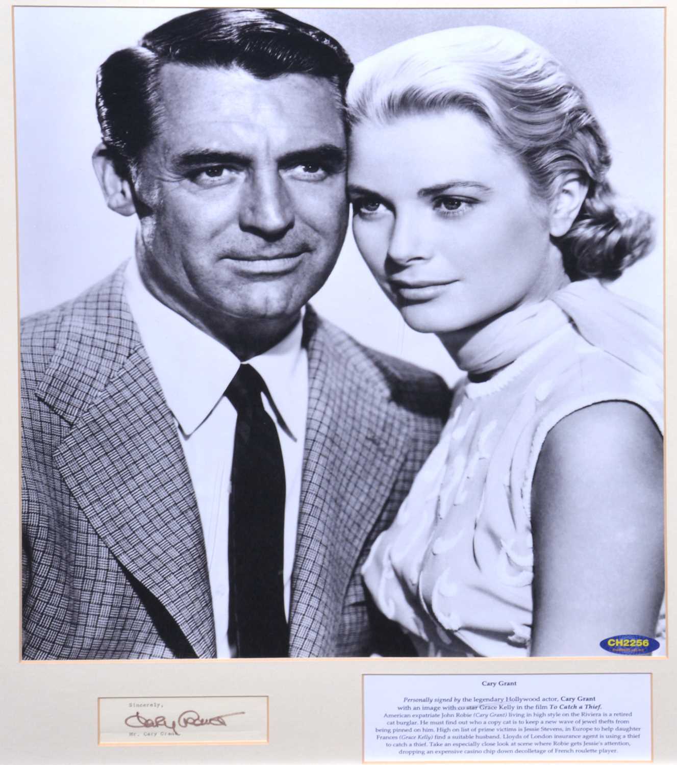 Lot 5 - Cary Grant, signed letter cutting, framed and mounted with photo with Grace Kelly