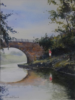 Lot 358 - Ken Ford - Figure by a canal bridge.