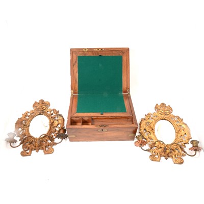 Lot 147 - Victorian walnut writing box, and pair of gilt metal girandoles