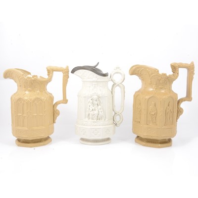 Lot 75 - Charles Meigh 'York Minster' and 'Gothic Windows' jugs, and an unmarked Apostles jug.