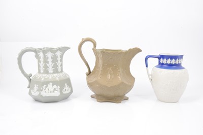 Lot 47 - Stoneware Gothic jug a Hunt jug and an 'Oriental' jug