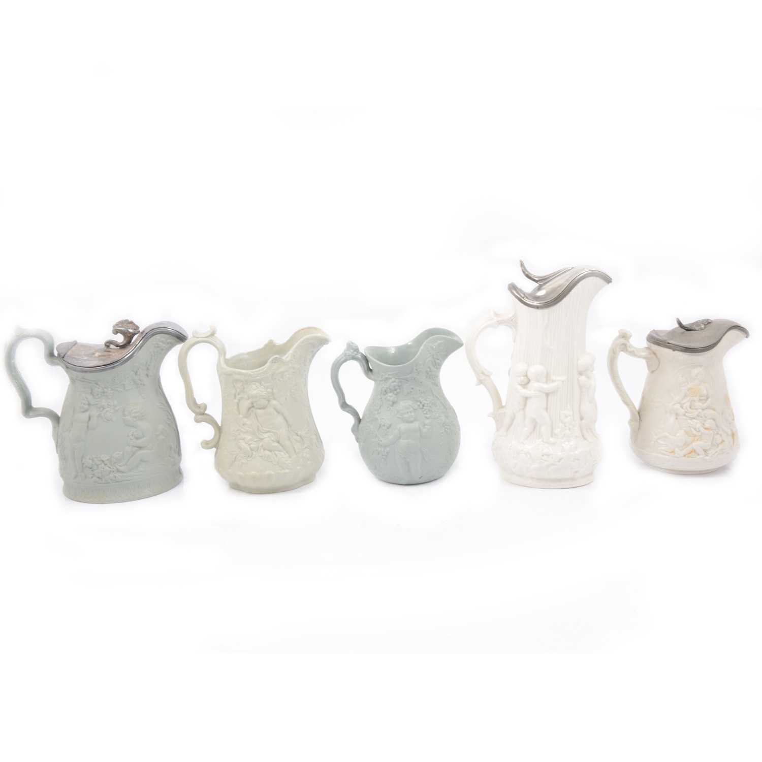 Lot 61 - Stoneware Diana jug, Amorini jug, Cherub & Grapevine jug, Sleeping Cherubs jug and Danding Amorini jug