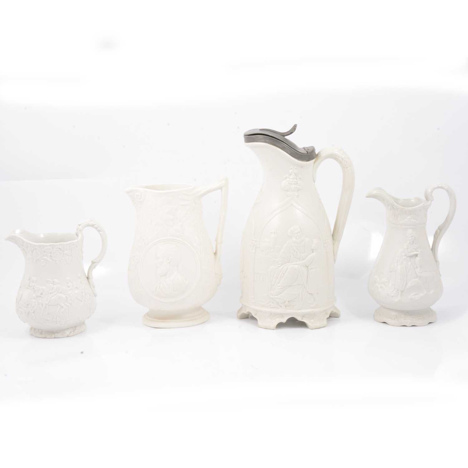 Lot 87 - Stoneware 'Aristo & Tasso' jug, 'Arabid' jug, 'Marriage Procession' jug and 'Samuel & Eli' jug.