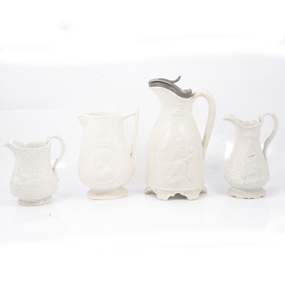 Lot 87 - Stoneware 'Aristo & Tasso' jug, 'Arabid' jug, 'Marriage Procession' jug and 'Samuel & Eli' jug.
