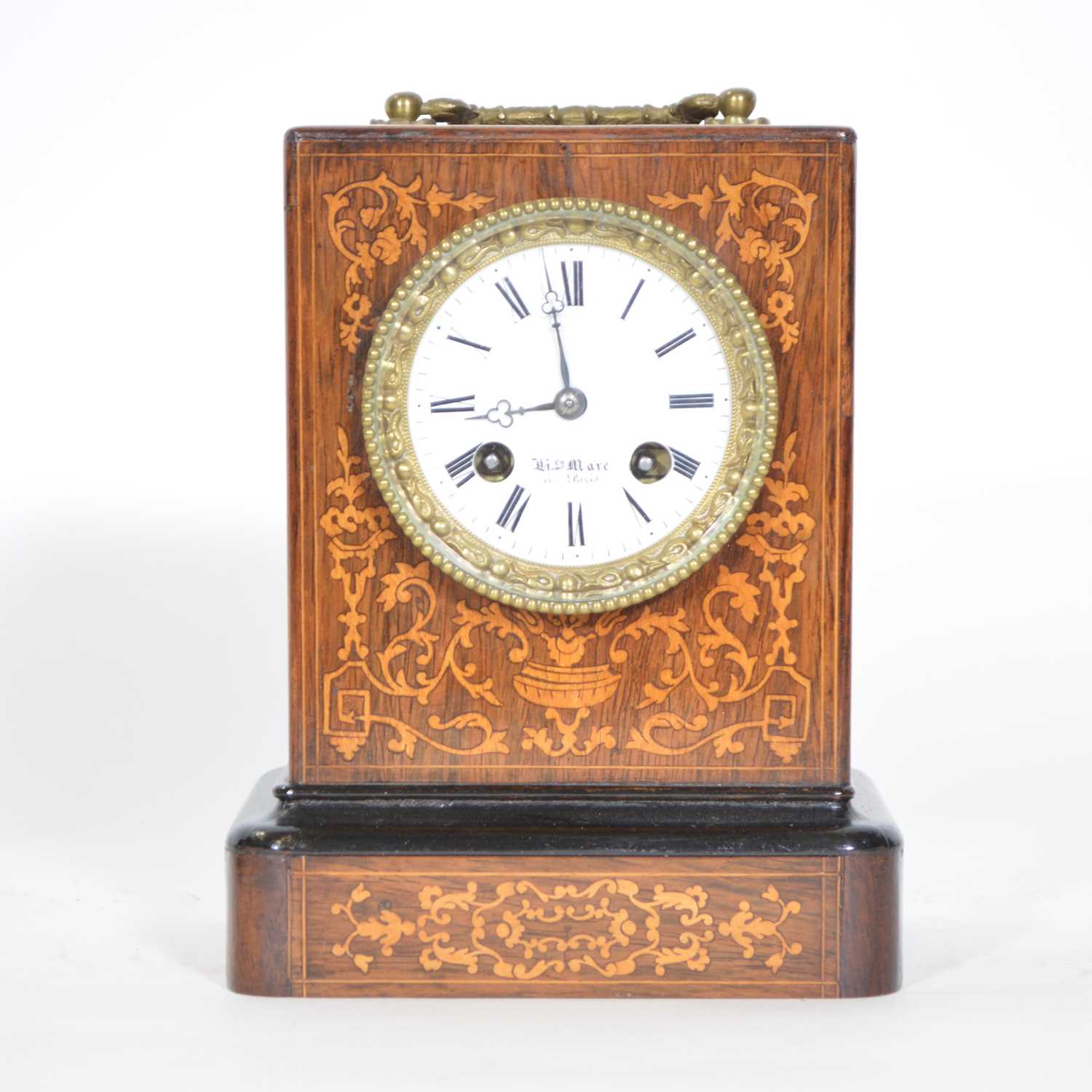 Lot 280 - 19th Century French rosewood and marquetry mantel clock, signed Henry Marc, Paris