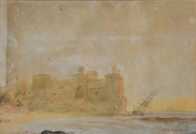 Lot 44 - Attributed to William Adolphus Knell, Coastal castle with beached tall ship