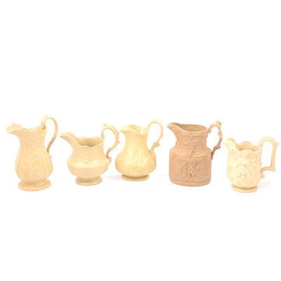 Lot 69 - Stoneware Acanthus jug, Swans & Bulrushes jug, Floral jug, Wisdom & Prudence jug and a Falstaff jug