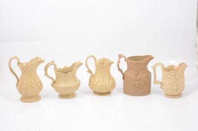 Lot 69 - Stoneware Acanthus jug, Swans & Bulrushes jug, Floral jug, Wisdom & Prudence jug and a Falstaff jug