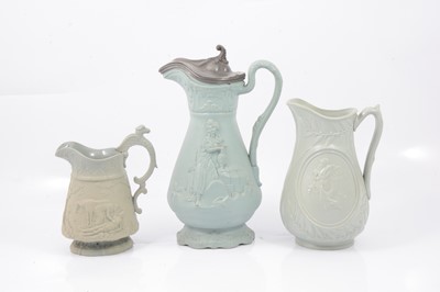 Lot 94 - Stoneware 'Day & Night' jug, 'Good Samaritan' jug and 'Rebecca at the Well' jug.