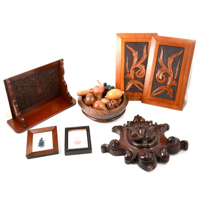 Lot 131 - Box of woodenware, including treen fruit bowl, small wall shelf, carved panels, etc